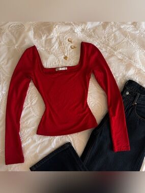 Bershka Red Square-Neck Long Sleeve Top